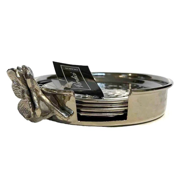 Verdici Design Silver Tone Flower Coaster Holder 4 Coasters Floral Shiny Italian - Picture 4 of 16